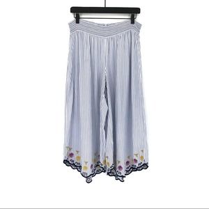 Anthropologie Blue & White Striped Embroidered Wide-Leg Pajama Pants